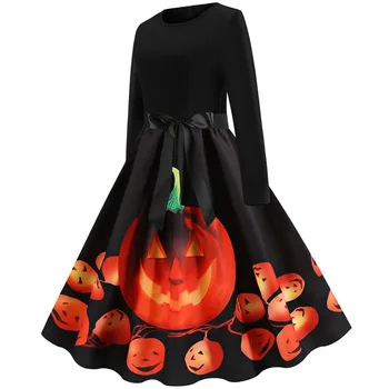 Atsitiktinis Moterų Rudens Žiemos Black Print Derliaus Suknelės Ilgomis Rankovėmis Moliūgai Spausdinti Halloween Party Dress Plius Dydis Drabužius, Moteris