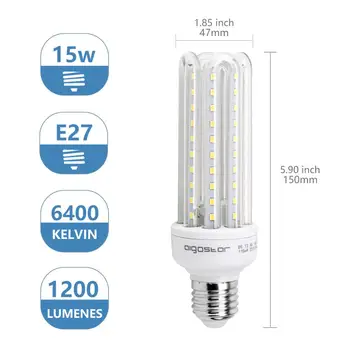 Aigostar - LED lemputes, LED B5 T3 4U E27， 360°， 15W lygiaverčiai 120W kaitinamosios lemputės， 1200 liumenų， 6400K - 5vnt/color box