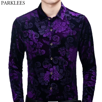Stilingas Violetinės Gėlių Suknelė Marškinėliai Vyrams 2020 M. Visiškai Nauja, Slim Fit Aksomo, Veliūras Marškinėliai Mens Atsitiktinis Ilgomis Rankovėmis Mygtuką Chemise