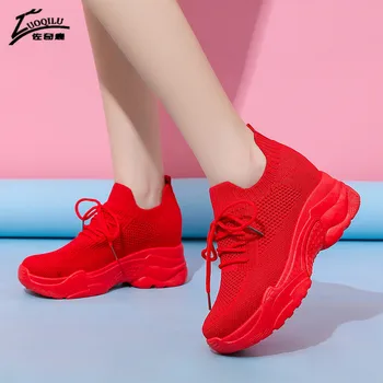 Pleišto platformos batai raudonos, baltos spalvos Sportbačiai Moterims Kvėpuojantis Moteriški Laisvalaikio Bateliai Akių Lauko Ėjimo Moterų Batai Tenso Feminino