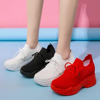 Pleišto platformos batai raudonos, baltos spalvos Sportbačiai Moterims Kvėpuojantis Moteriški Laisvalaikio Bateliai Akių Lauko Ėjimo Moterų Batai Tenso Feminino