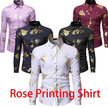 Mens Aukso Rožė Gėlių Spausdinti Marškinėliai 2019 Prekės Gėlių Steampunk Chemise Balta Ilgomis Rankovėmis Vestuves Įdegio Camisa Masculina