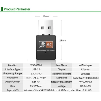 KEBIDU 600Mbps USB Imtuvas, Adapteris 2.4/5 ghz WiFi Antenos Dual Band 802.11 b/n/g/ac Mini Belaidžio Kompiuterių Tinklo Kortelė Imtuvas
