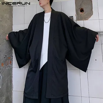 2021 Vyrų Black Megztinis Marškinėliai Atsitiktinis Atidaryti Dygsnio Outwear Vyras Tranšėjos Ilgomis Rankovėmis Ilgi Paltai Mados Japonų Stiliaus Yukata Viršūnės