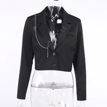 Instunning Punk, Gothic Paltai Moterims Harajuku ilgomis Rankovėmis Streetwear Metalo Grandinės Kostiumas Office Ponios Turn-žemyn Apykaklės Trumpas Kailis Naujas