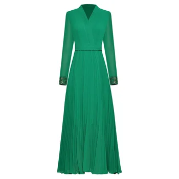 Mados Dizaineris garsaus prekės ženklo aukštos kokybės kilimo ir tūpimo Tako suknelė 2020 Moterų V-Kaklo, ilgomis rankovėmis nėrinių plisuotos Elegantiškas Šifono Suknelės
