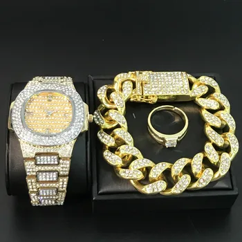 Prabangių Vyrų Aukso Spalvos Watch & Apyrankę & Žiedas 