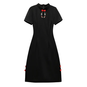 2020 M-4XL Plius Dydis Vintage Black Siuvinėjimo Kinijos Tradicinės Qipao Atsitiktinis Šalies Moterų Midi Suknelė Vasaros Cheongsam Suknelės