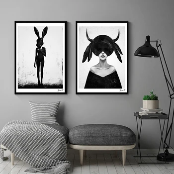 Skandinavijos plakatai ir grafika juoda ir balta drobė meno tapybos mergina nuotraukų Skandinavijos namų dekoro į kambarį