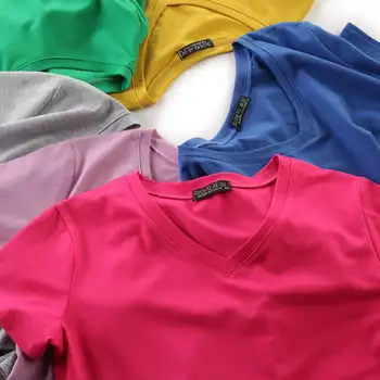 15 spalvų! Plius Dydis M-3XL Moterų Marškinėliai V Kaklu Vasaros Trumpos Rankovės Kietasis Marškinėlius vientisos Spalvos Pagrindinio Viršuje Tee Marškinėliai Moteriška T-shirt