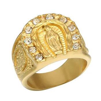 Naujas atvykimo MUMS 8-13 dydžio vyriški Aukso spalvos Kubinis Cirkonis Our Lady of Gvadalupės Mergelės Marijos Žiedas, Nerūdijančio Plieno, Religinių Žiedas