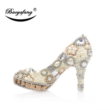 BaoYaFang Naują atvykimo Šampano kristalų Moterų Vestuvių bateliai Moteris dramblio kaulo pearl platforma batai Prabanga, Aukštos bateliai nekilnojamojo odos