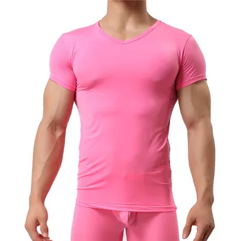 Vyras Undershirt Ledo Šilko Spandex Vien T Shirts Vyrų Nailono V-kaklo trumpomis Rankovėmis Viršūnes-Ultra plonas Kietas Šilumos Sleepwear Undershirt