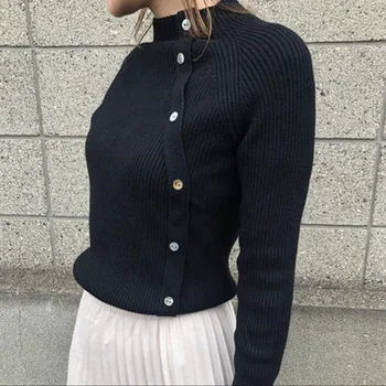 2020 Atsitiktinis Ilgomis Rankovėmis Rudenį Megzti Megztinis Moterims Megztiniai Megztinis Korėjos Stiliaus Žiemos Slim Black Mygtuką Traukti Trikotažas Naujas