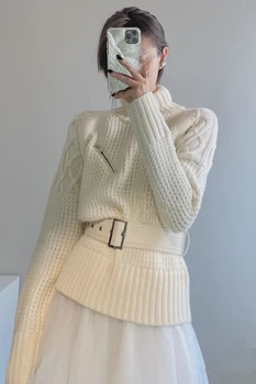 2020 m. Rudens-Žiemos Mados Megztinis Golfo Moterų Derliaus Mezgimo Megztinis Atsitiktinis vientisos Spalvos šiltas Megztinis Femme