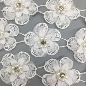 2 Kieme Pearl Gėlių 3-sluoksnis 3D Diamond prancūzijos Nėrinių Audinio Apdaila Siuvinėtos Aplikacijos Deformuoti Vestuvių Suknelė Siuvimo Amatų Reikmenys