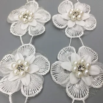 2 Kieme Pearl Gėlių 3-sluoksnis 3D Diamond prancūzijos Nėrinių Audinio Apdaila Siuvinėtos Aplikacijos Deformuoti Vestuvių Suknelė Siuvimo Amatų Reikmenys