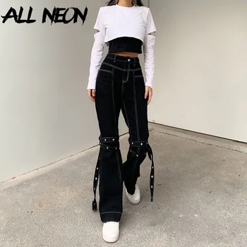 ALLNeon Derliaus Y2K Streetwear Tvarstis Flare Kelnės Punk Estetika Aukšto Juosmens Denim Black Jeans 90-ųjų Mados Ilgos Kelnės 2021
