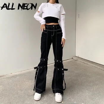 ALLNeon Derliaus Y2K Streetwear Tvarstis Flare Kelnės Punk Estetika Aukšto Juosmens Denim Black Jeans 90-ųjų Mados Ilgos Kelnės 2021