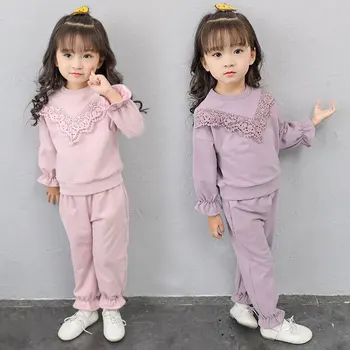 Vaikų pavasario ir rudens modeliai naujų mergaičių rinkiniai nėrinių rinkiniai vaikams ilgomis rankovėmis+ziajać dviejų dalių rožinės, raudonos spalvos 2-8 metų amžiaus