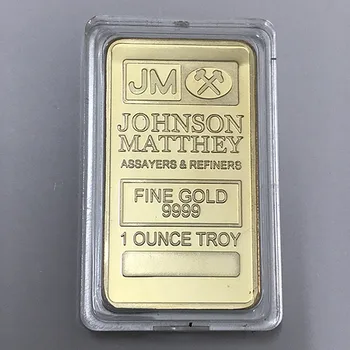 2 vnt nemagnetiniai Johnson Matthey JM aukso monetos 1 OZ žalvario šerdis 24K auksu luito ženklelis 50 mm x 28 mm, apdailos juostą