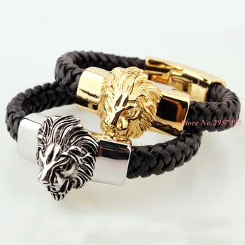 Didmeninė naujas mados fine jewelry vyrų didžiosios juodos odos nerūdijančio plieno apyrankės derliaus liūtas bangle vyrų priedai