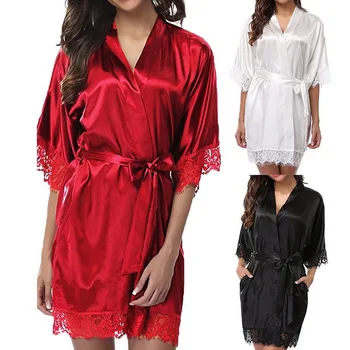 2020 M. Moteris Nightdress Nėrinių Lingerie Sleepwear Suknelė Skraiste Nightie Suknelė Chalatas Kimono Satino Chalatai Moterims Sleepwear