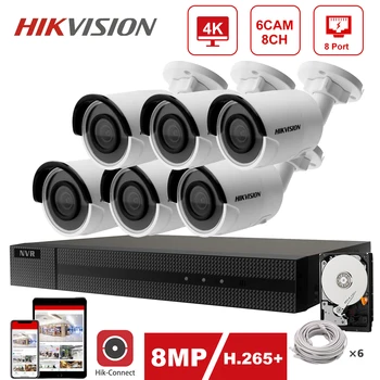 Hikvision IP Apsaugos Sistemos Komplektas, 4K 8CH POE NVR 6pcs Hikvision 8MP POE IP Camera DS-2CD2083G0-I Indoor/Outdoor Hik-Prijunkite P2P