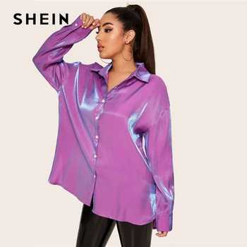 SHEIN Mygtuką Priekyje Lašas Pečių Metallic Spalvingi Palaidinė Marškinėliai Moterims 2020 M. Pavasarį Negabaritinių Ponios Aukštas Žemas Ūdos, Palaidinukės