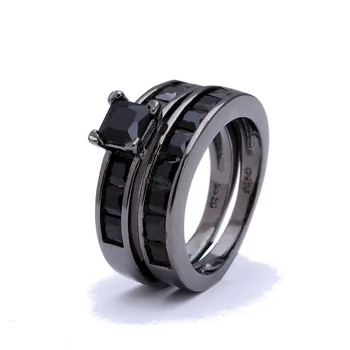 Papuošalai Žiedas rinkiniai Juodojo aukso-spalvos Moterys Žiedas black CZ cirkonis Juvelyriniai dirbiniai Prabangių Vestuvių Bague žiedas nustatyti Priedai Bijouterie