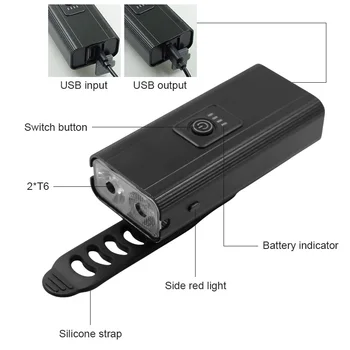 USB Dviračių Priekinis Žibintas 2*T6 LED priekinis žibintas Įkraunamas MTB Kelių Dviračio Žibintas 6 Režimai Naktį Jojimo, Dviračių Žibintuvėlis luz bici
