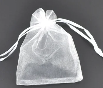 DoreenBeads Dovanų maišelis ir krepšys, organza, balta, su lygiosiomis, vestuvių, 9x7cm.100vnt (B07738)