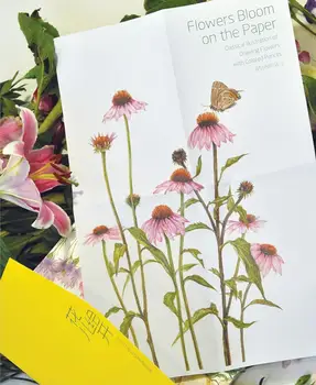 Gėlės žydi ant popieriaus, klasikinės iliustracijos piešimo gėlės, spalvoti pieštukai knyga