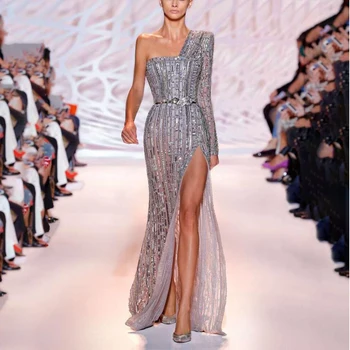 Stilingas Panele China Šalis Suknelė 2020 M. Rudenį Moterys Ilgomis Rankovėmis Vieną Petį Aukštos Padalinta Nereguliarus Bodycon Elegantiškas Ilgas Vestidos