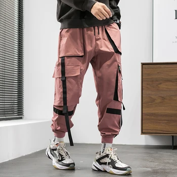 Hip-Hop Krovinių Kelnės Vyrams 2021 Naujas Mens Streetwear Poilsiu Kelnes Vyrų Hip-Hop Juostelės Kišenės Sweatpants M-5XL Juodos spalvos Drabužius