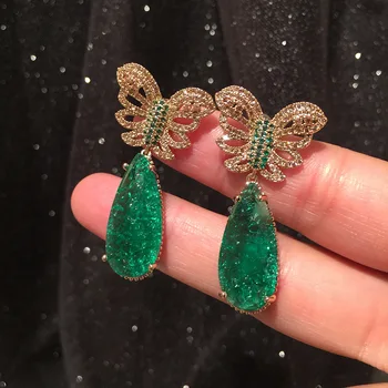 FXLRY elegantiškas drugelis tuščiaviduriai iš žalios spalvos susmulkintos cz aukso lašas auskarai moterims, vestuviniai Papuošalai