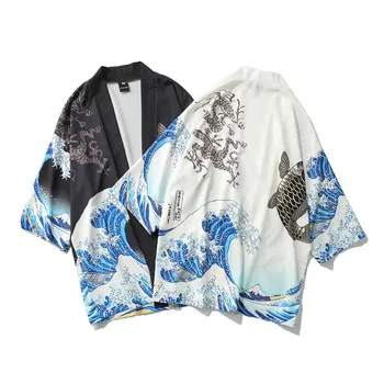 Didžiosios Bangos Off Kanagawa Žmogus, Japonijos Tradicinių Orientuotis Etninės Megztinis Kimono Haori Vyras Unisex Plonas Laisvas Ukiyo-e Komplektai