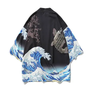 Didžiosios Bangos Off Kanagawa Žmogus, Japonijos Tradicinių Orientuotis Etninės Megztinis Kimono Haori Vyras Unisex Plonas Laisvas Ukiyo-e Komplektai