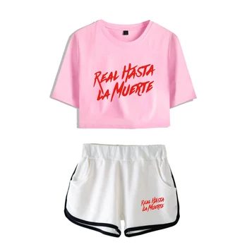 Nekilnojamojo Hasta La Muerte 2D Anuel AA Midriff-baring Dviejų dalių Komplektas Vasaros Seksualus Medvilnės marškinėliai+Sportas Šortai Moterims, Hip-Hop Atsitiktinis Tinka