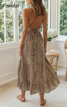 Foridol Elegantiškas Backless Nėrinių Vasaros Suknelė Moterims, Drabužiai Be Rankovių Leopard Maxi Boho Beach Dress Lady Ilgai Vestido Feminino