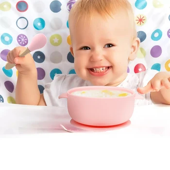 6Colors Kūdikį Krūtimi Dubenėlį Maisto kokybės Silikono Stalo Ne Slydimo Plokštė BPA Free Kūdikių Mokymosi Šėrimo Indai Su Medienos Šaukštas