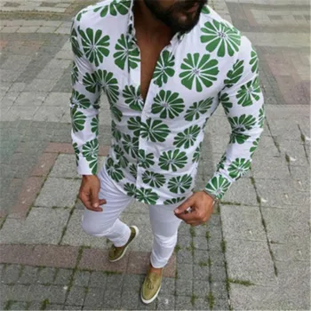 Nauji vyriški Slim fit Gėlių Spausdinti Vyrų Marškinėliai ilgomis Rankovėmis rudas Žalias Vasaros Gėlių Marškinėliai Atsitiktinis Paplūdimio Marškinėliai S-3XL