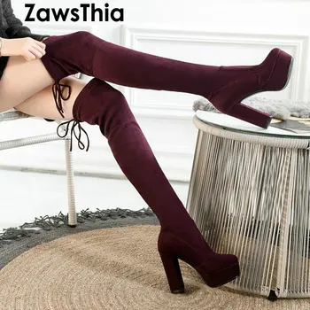 ZawsThia prabangos prekės stretch audinys elastingas platforma blokuoti aukšto obcasie batų moteris per kelius siekiantys batai mados šlaunų auliniai batai