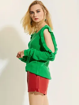 Žalias Megztinis Sexy Lady Šalto Pečių Ilgomis Rankovėmis Megzti Viršų Rudenį Moterys Streetwear Megztinis Megztinis Negabaritinių Vintage Mados