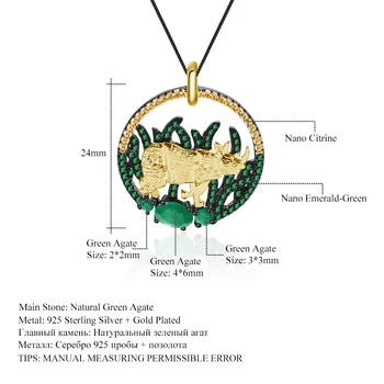 GEM BALETO 925 Sterlingas Sidabro Natūrali Žalioji Agato Pakabukas Aukso Raganosio Rankų darbo Karoliai Moterų Fine Jewelry
