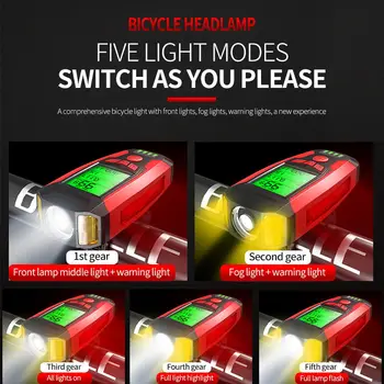 5 Režimas USB Dviračio Šviesos Dviračių Priekiniai Žibintai Vandeniui LCD Ekranas, Žibintuvėlis Rankenos Dviračių Žibintas Su Ragų Greičio Matuoklis