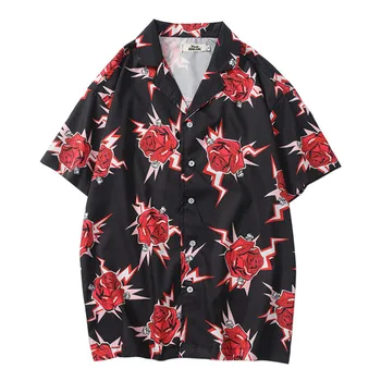 Hip-Hop Marškinėliai Streetwear Mens Havajų Marškinėliai Raudona Rožė Harajuku Gėlių 2020 M. Pavasarį, Vasarą, Havajai Paplūdimio Plonas Trumpas Rankovės Marškinėliai